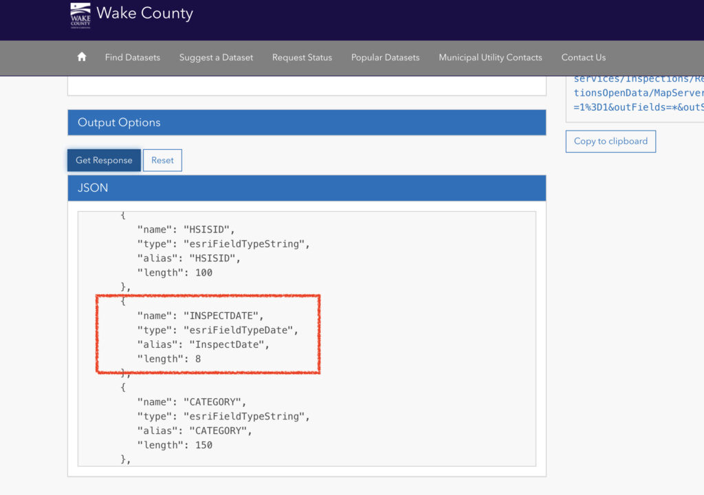 Wake County has an API Explorer on their datasets site, which you can sample query to review the JSON that is returned.