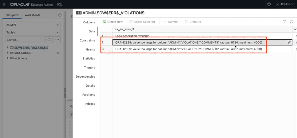 ORA-12899 error in Oracle Autonomous Database on Oracle Cloud Infrastructure.