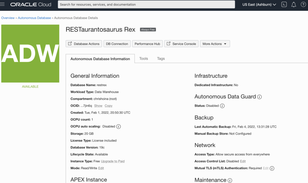 Oracle Database Web Browser.  My Autonomous Database. 