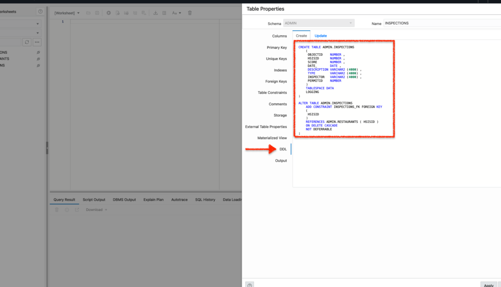 The DDL from a table in Database Actions SQL Worksheet Oracle Autonomous Database, Chris Hoina, Senior Product Manager, Database Tools, ORDS