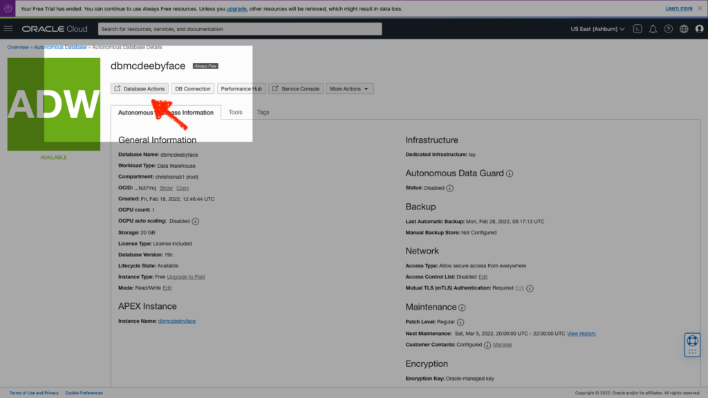 Once you've created your Autonomous Database, navigate to Database Actions. This is where you need to go to create a new user.