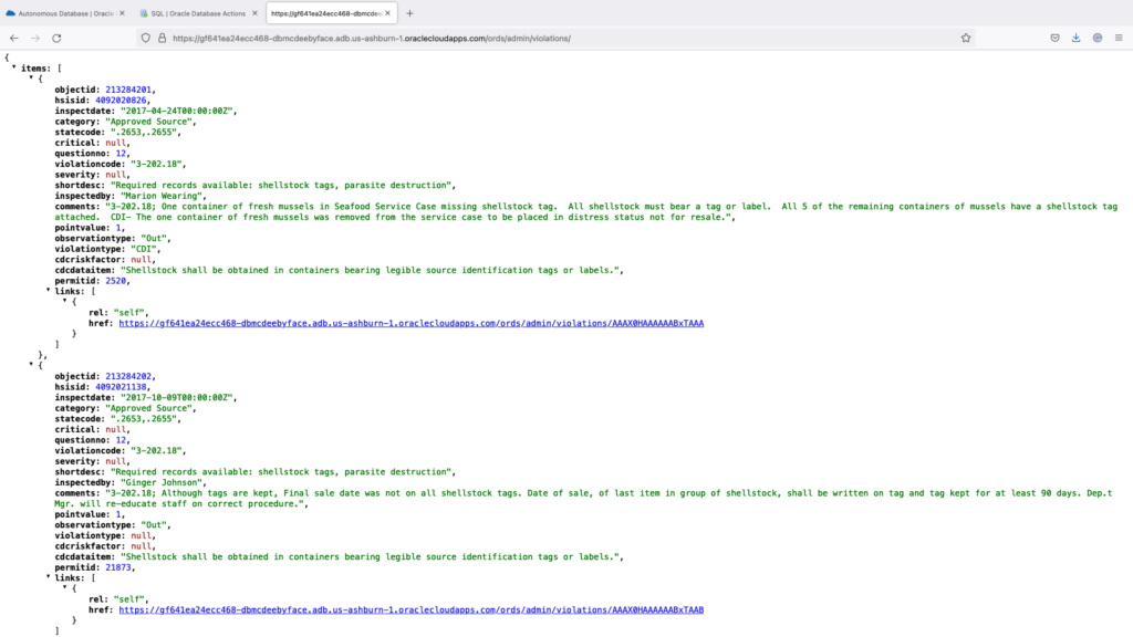 JSON output from my Oracle Autonomous Database, courtesy of ORDS.