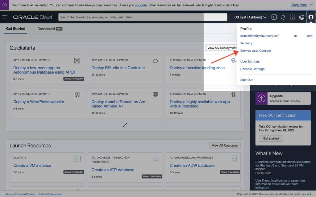 When you sign in, you can quickly tell if you are the administrator by seeing if the "Service User Console" option is available. This is the administrator for the Oracle Cloud Infrastructure. Your tenancy.