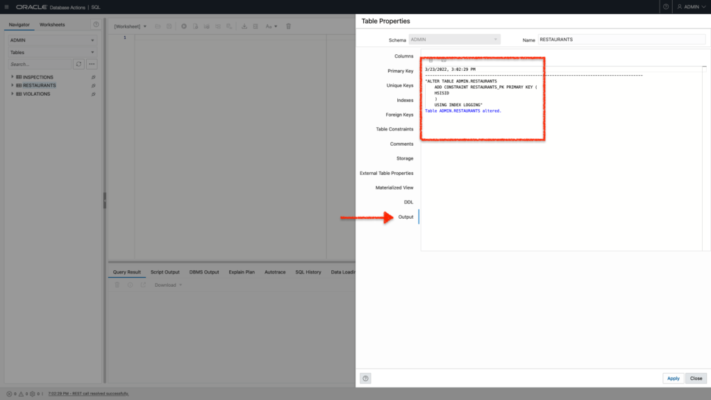 Output from establishing the Primary Key in Database Actions SQL Worksheet Oracle Autonomous Database, Chris Hoina, Senior Product Manager, Database Tools, ORDS