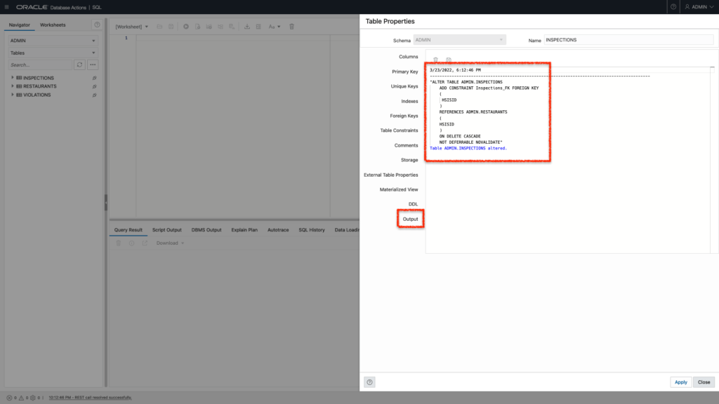 Output of the Foreign Key name change in Database Actions SQL Worksheet Oracle Autonomous Database, Chris Hoina, Senior Product Manager, Database Tools, ORDS