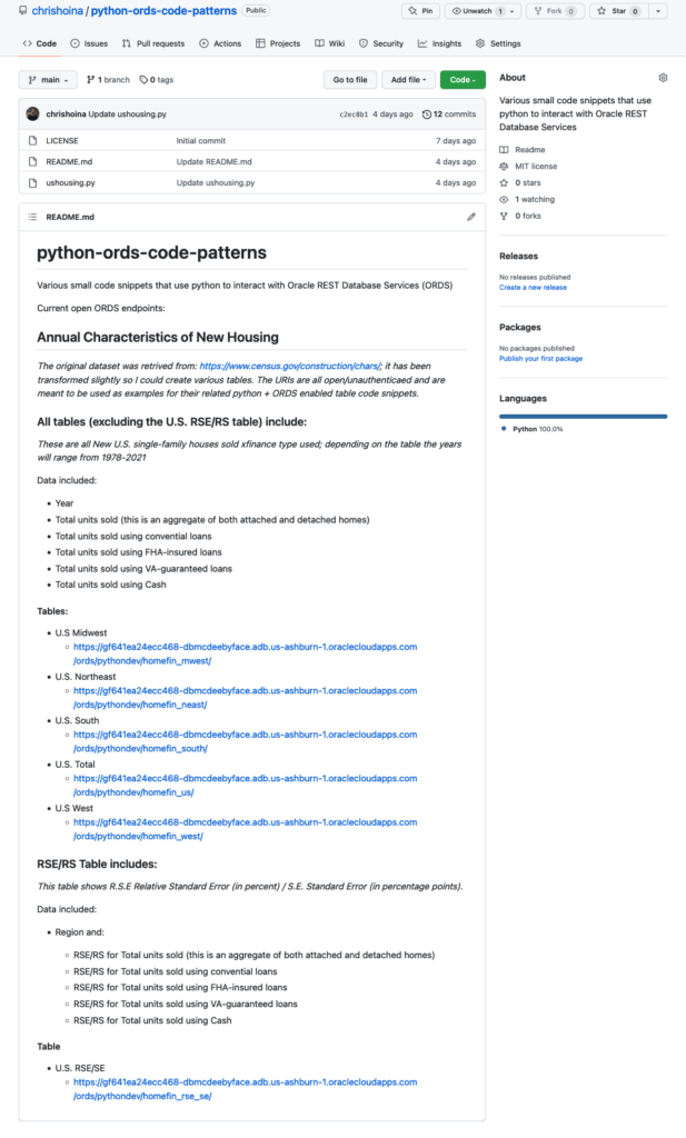 GitHub repo of python ORDS library code patterns, code snippets, Chris Hoina, Database Tools, Oracle Autonomous Database