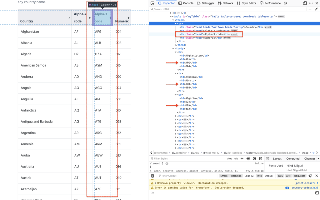 Inspecting html table in browser, ISO country codes, chris hoina, senior product manager, oracle rest apis, oracle autonomous database, sql developer web, ORDS