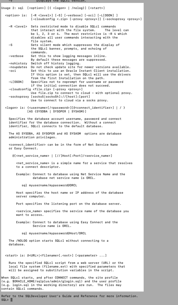 Usage 2 sqlcl initial help screen, chris hoina, senior product manager, oracle database tools, command line, oracle autonomous database