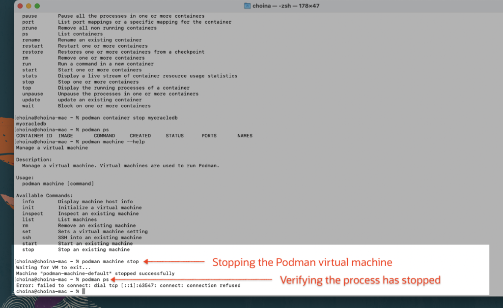 stopping podman and checking to see if the container process is running, chris hoina, senior product manager, oracle database tools, oracle cloud, ords, oracle rest apis, sql developer, podman, sqlcl  