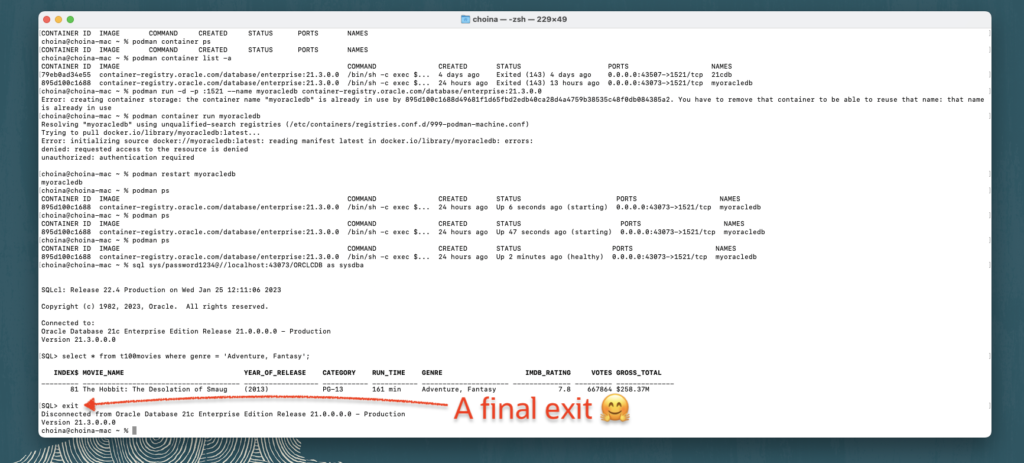 disconnecting from the database, chris hoina, senior product manager, oracle database tools, oracle cloud, ords, oracle rest apis, sql developer, podman, sqlcl  