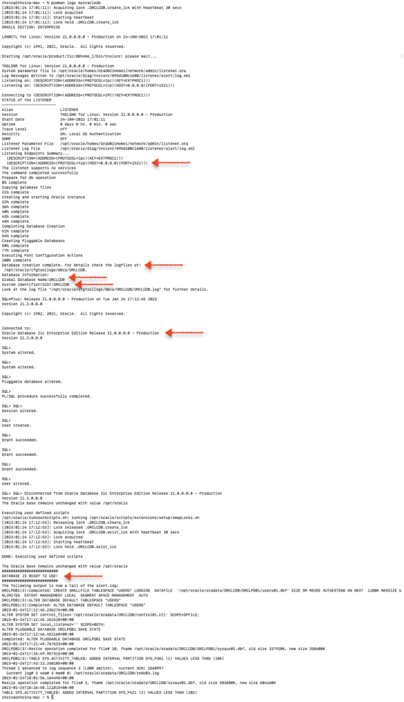 podman logs database output, Chris Hoina, Senior Product Manager, ords, Database Tools, Oracle Database     