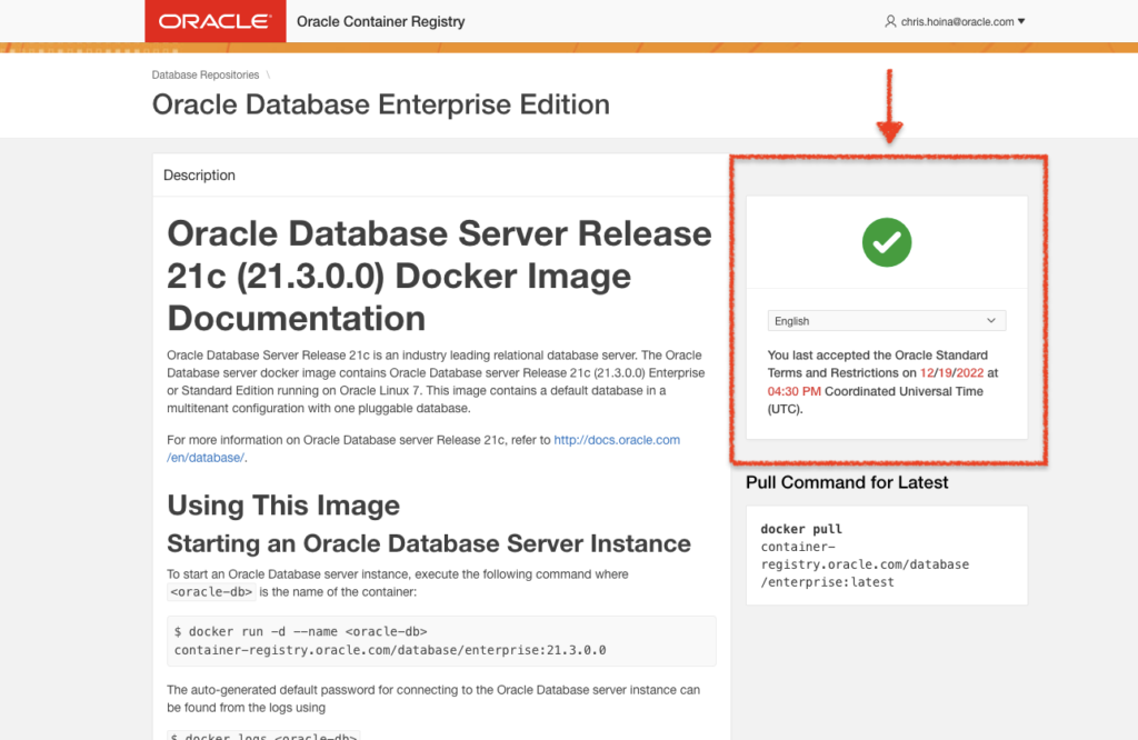 signed into oracle container registry, Chris Hoina, Senior Product Manager, ords, Database Tools, Oracle Database 