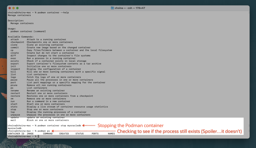 stopping myoracledb podman container, chris hoina, senior product manager, oracle database tools, oracle cloud, ords, oracle rest apis, sql developer, podman, sqlcl  