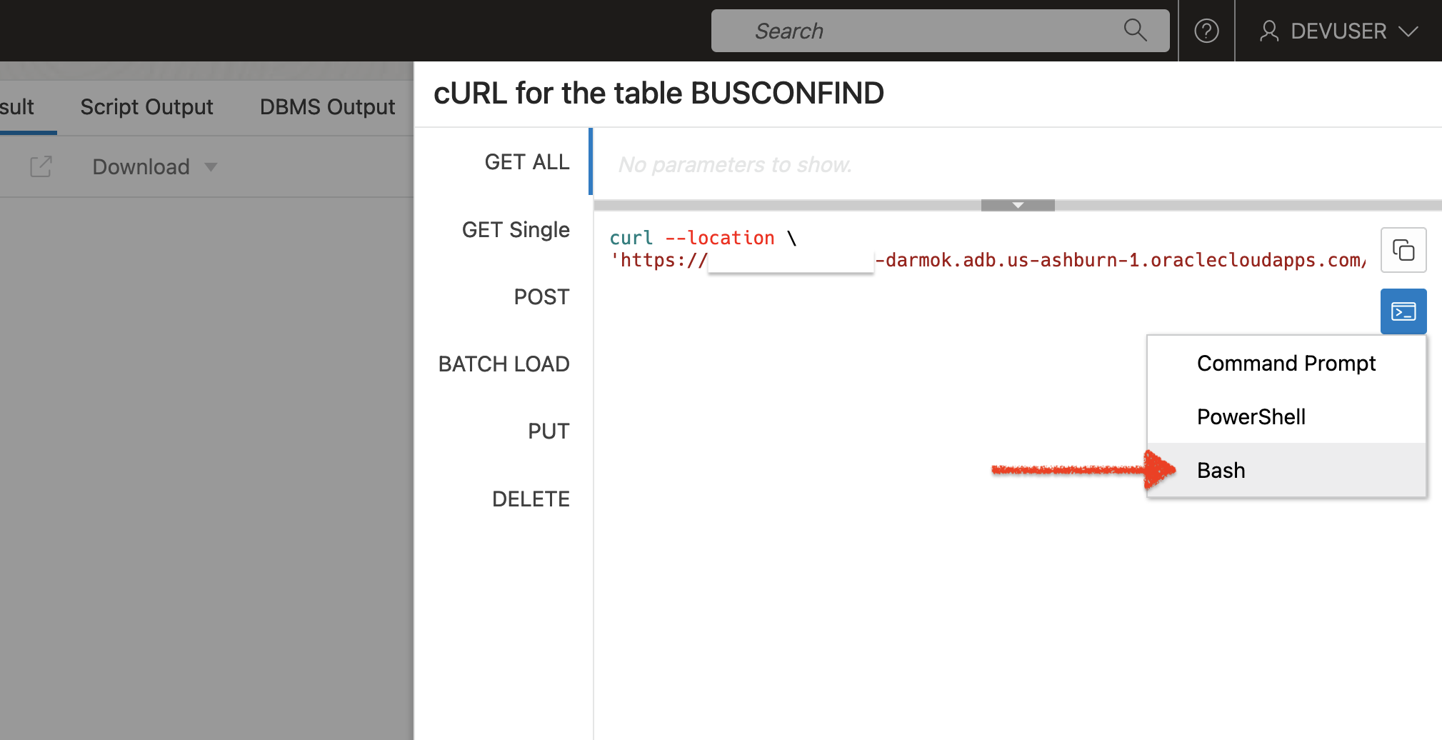 selecting the bash version of the curl command, chris hoina, senior product manager, ords, oracle rest apis, autonomous database, database actions