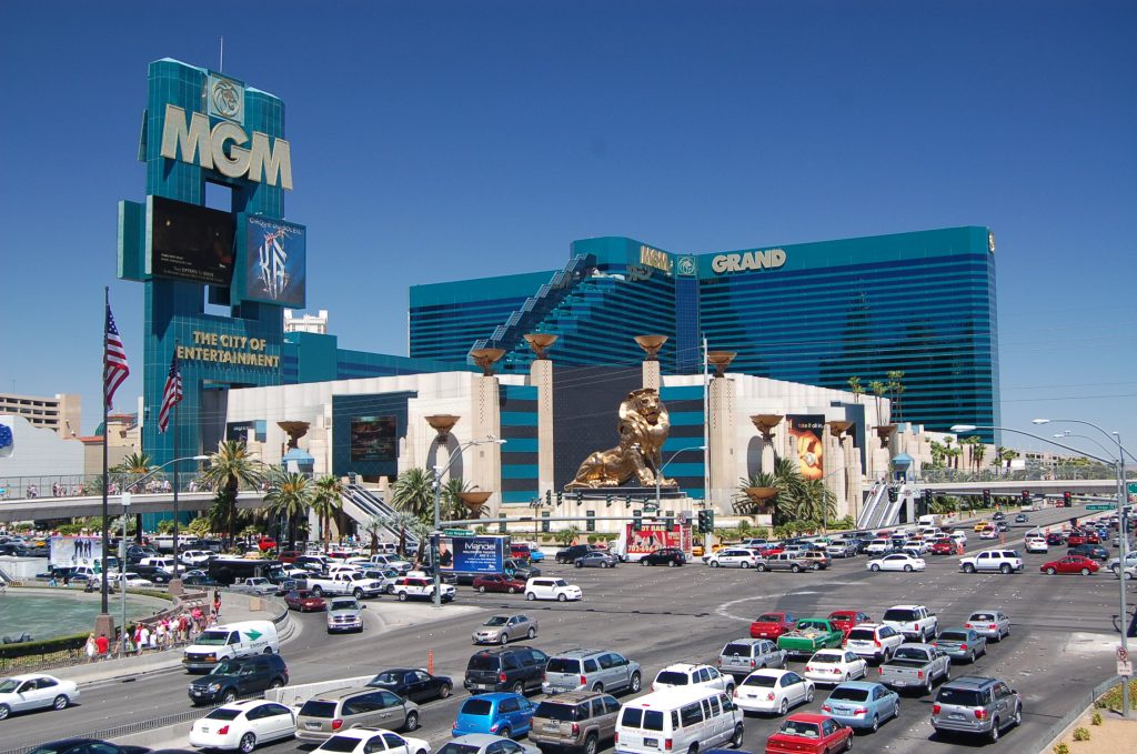 Original Caption: The MGM Grand Resort & Casino rises above the busy intersection of the Las Vegas Strip and Tropicana Avenue.  Location: Las Vegas, Nevada (36.100° N 115.172° W)  Status: Public domain. Photo by S. Clyde